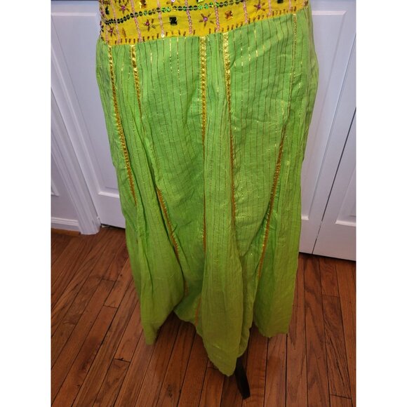 Green/Yellow Metallic Gold Jeweled Boho Midi Skirt L Hippie Gypsy Festival - Picture 4 of 9